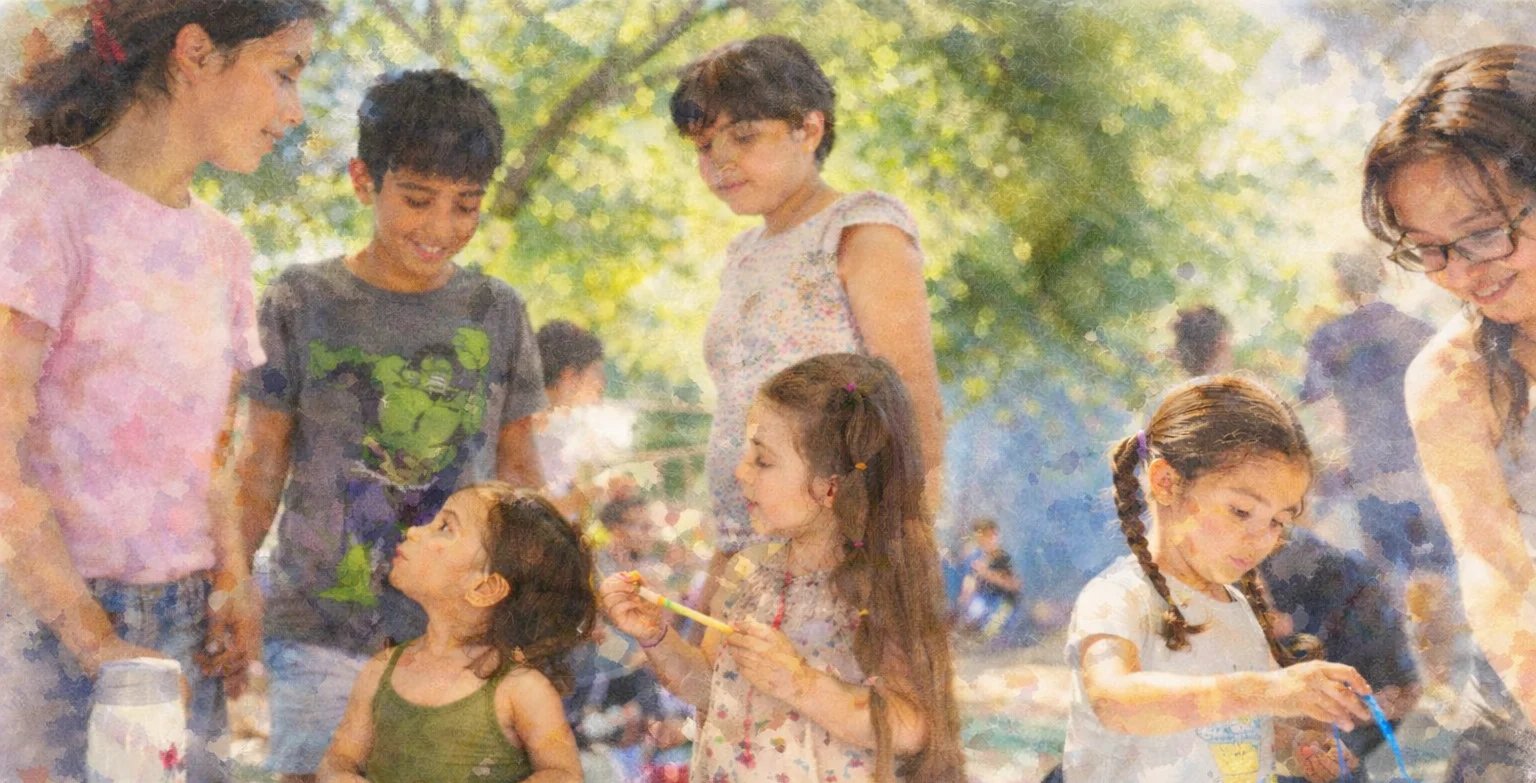 Group of children playing together outdoors in a sunny park setting with trees in the background
