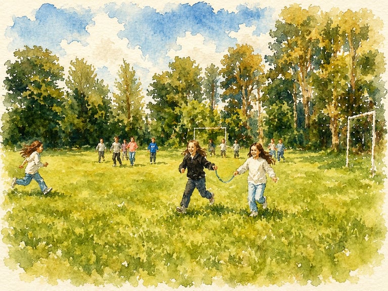 Children playing soccer in a sunny green field with trees in the background
