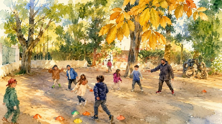 Children playing in a tree-filled park during autumn, with scattered leaves on the ground and warm sunlight filtering through yellow foliage
