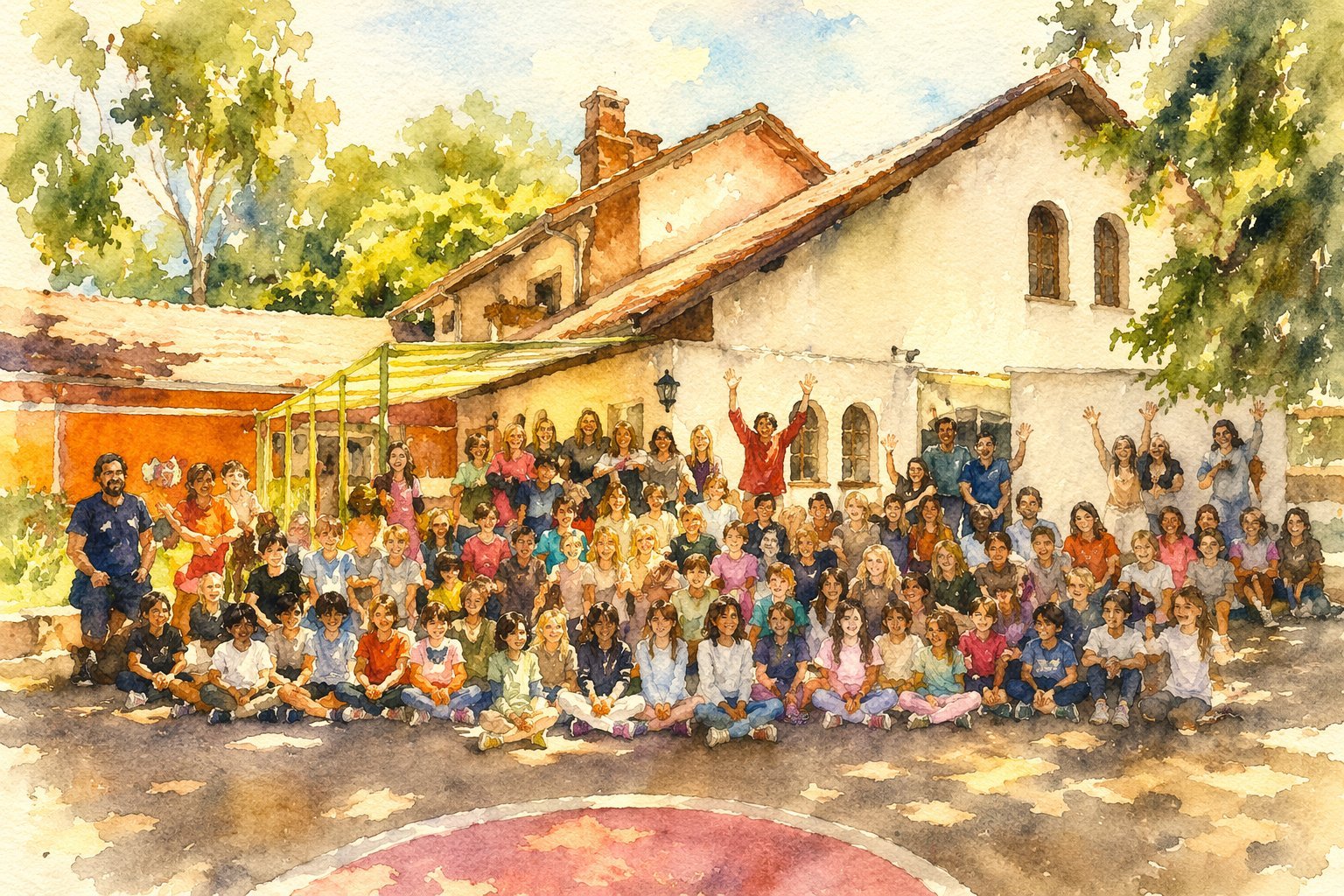 Pintura al óleo de un gran grupo de niños reunidos frente a un colorido edificio estilo misión, rodeados de árboles y luz solar filtrada