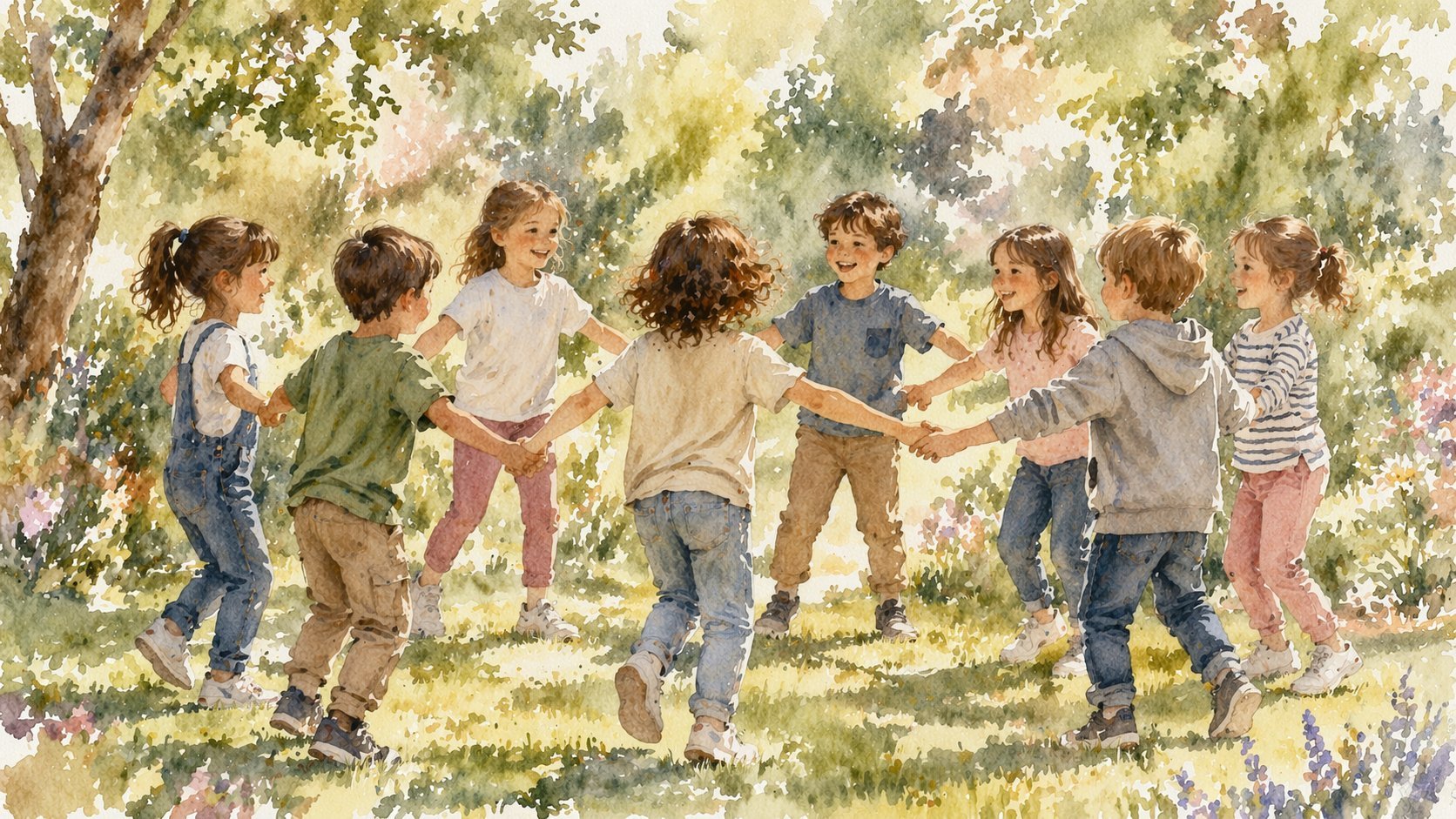 Grupo diverso de niños tomados de la mano formando un círculo, jugando juntos en un área soleada cubierta de césped, rodeados de árboles