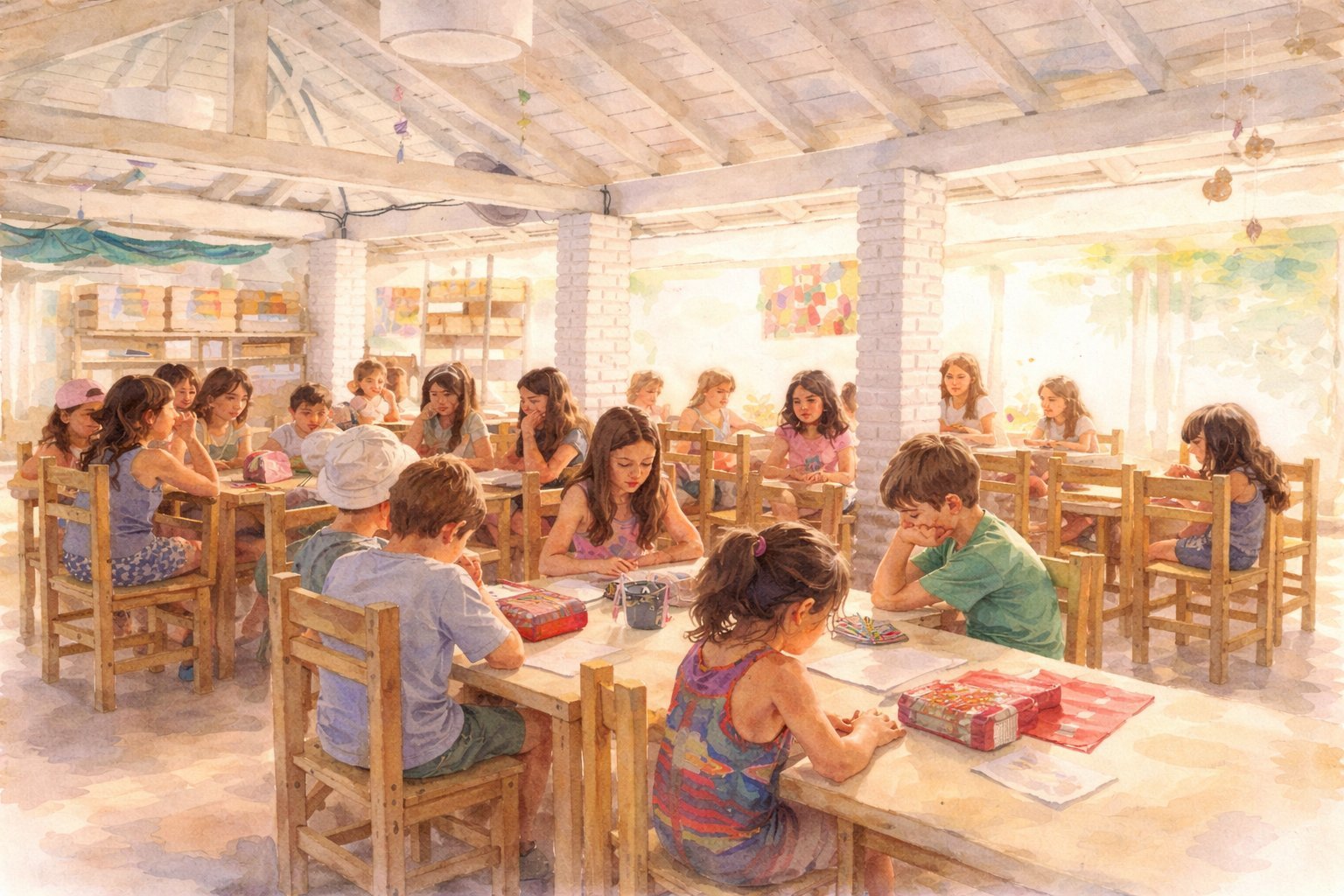 Children sitting at wooden tables and chairs in a bright, airy classroom engaged in art activities and learning