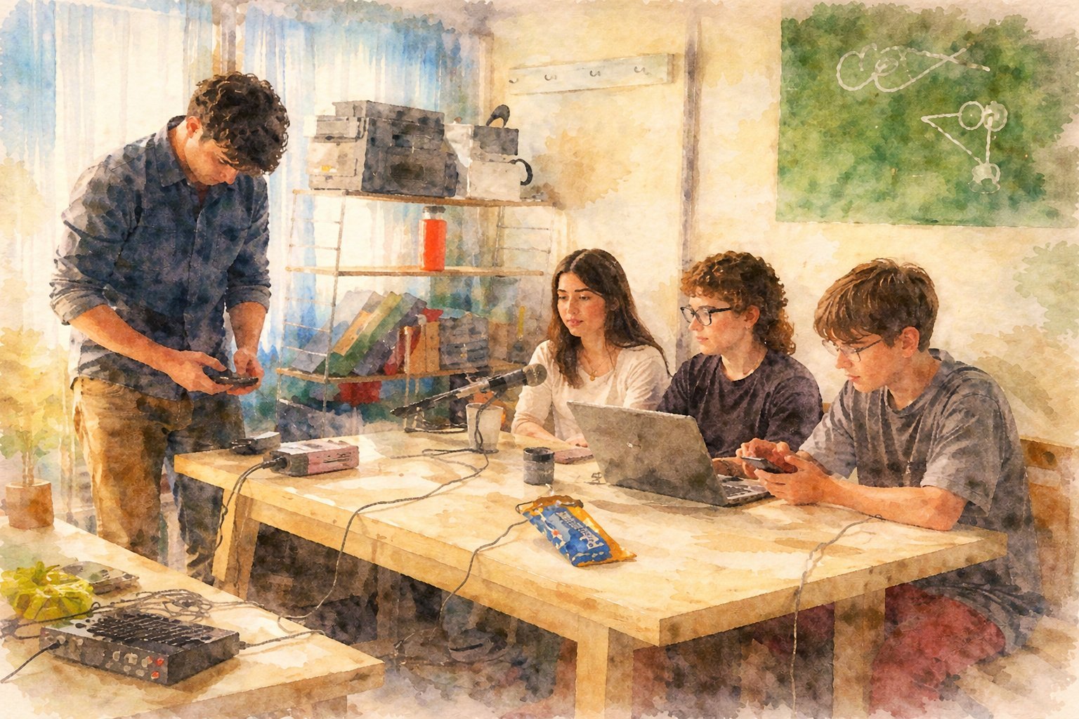 Four creative professionals collaborating in a studio workspace around a wooden table with art supplies and laptop