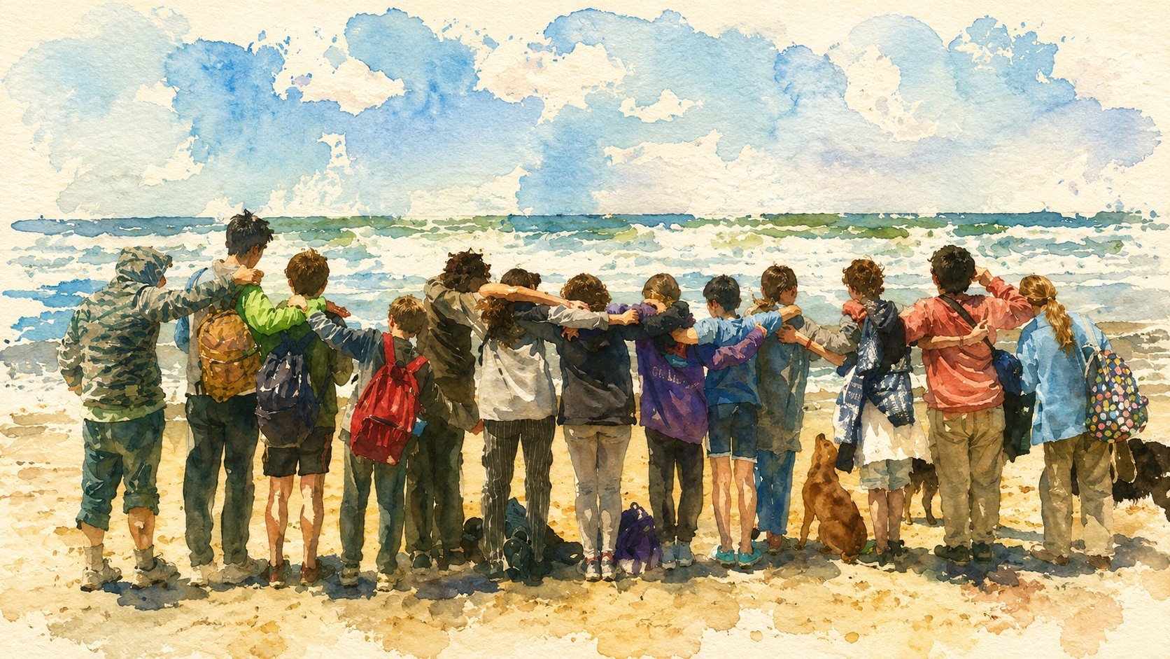 Group of diverse children standing arm-in-arm on a beach facing the ocean with cloudy sky