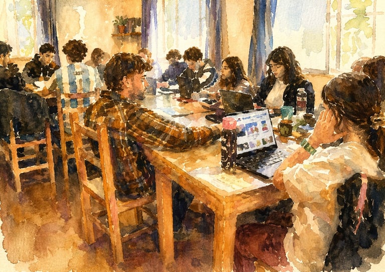 Group of people sitting at wooden tables in a bright, sunny interior space, appearing to work or collaborate together