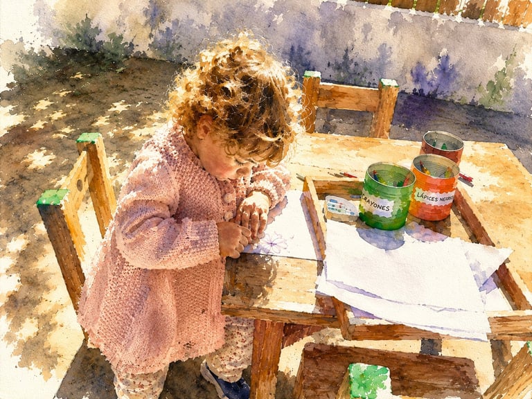 Young child in pink dress painting at wooden table outdoors, with paint containers and artwork visible