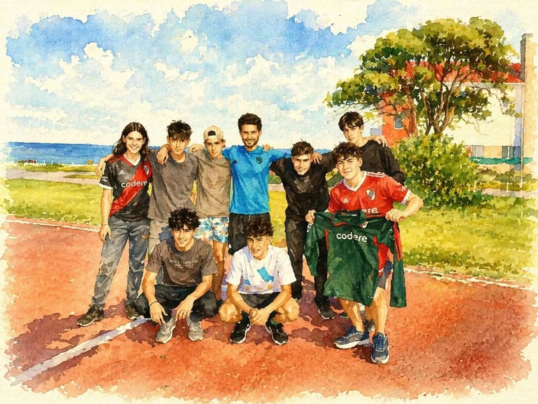 A group of young children standing together on a red dirt field with beach and tree in the background